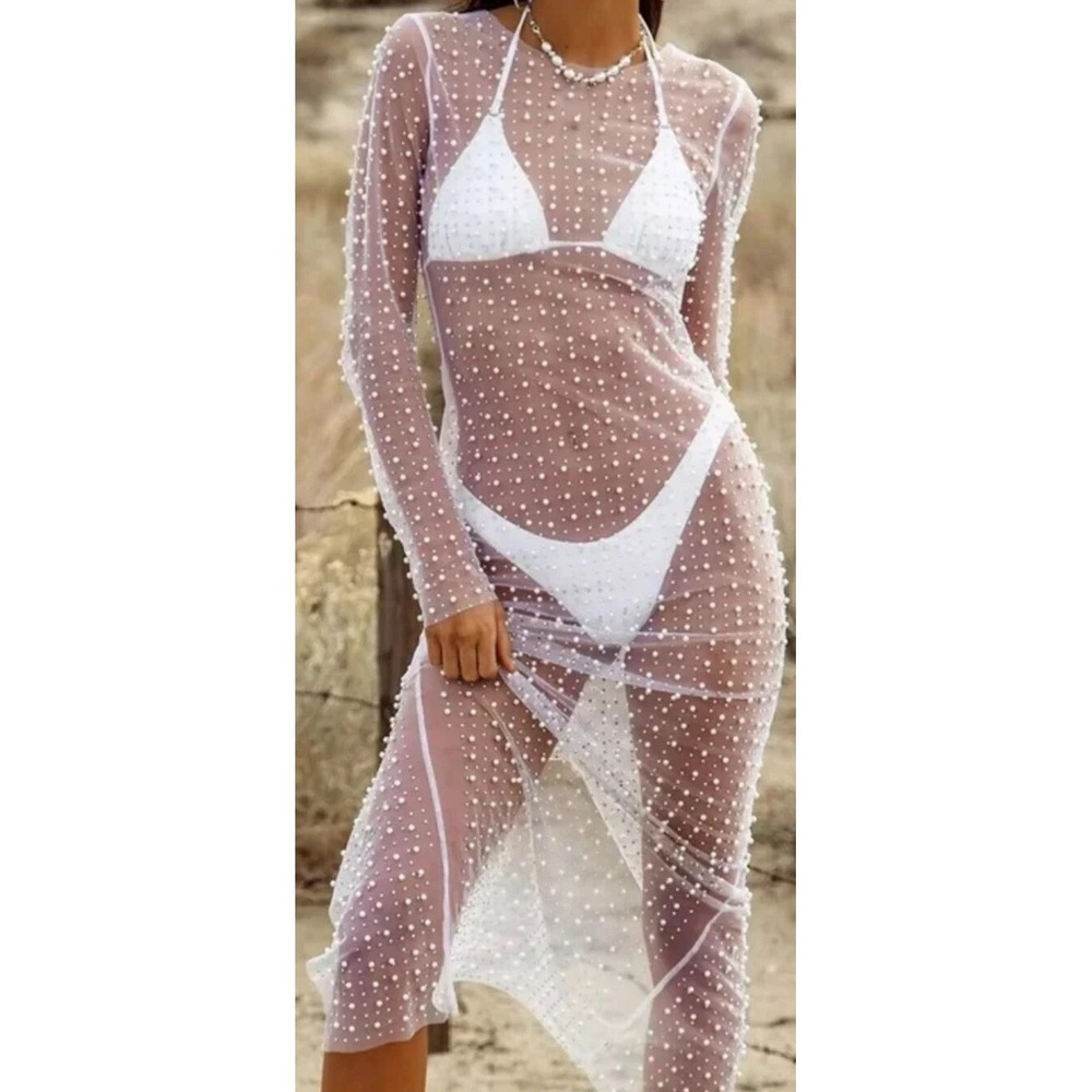 Women's Pearl Beaded Sheer Mesh Duster Cardigan Cover Up White Small